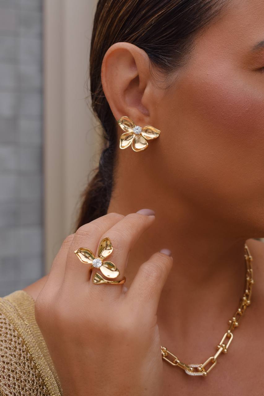 Conjunto Flor Com Zircônia e Anel Ajustável