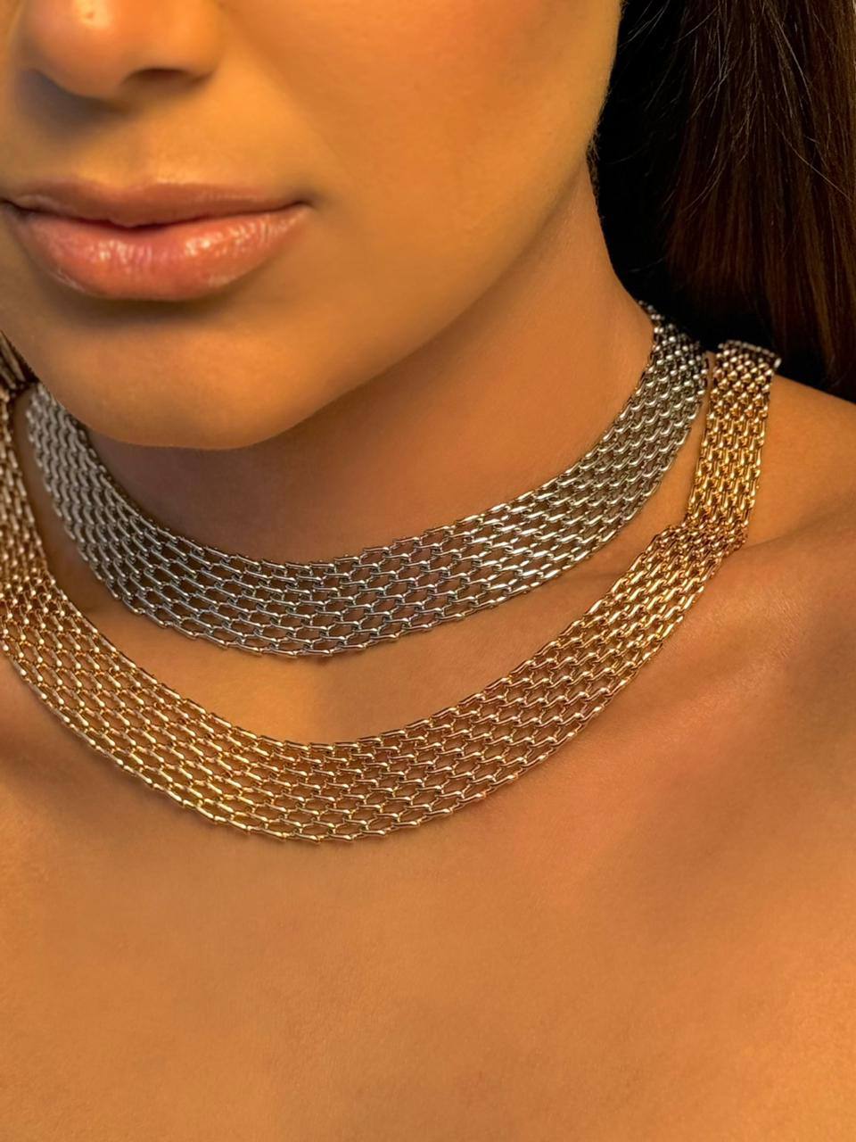 Chocker Tipo Malha Com Banho de Ródio